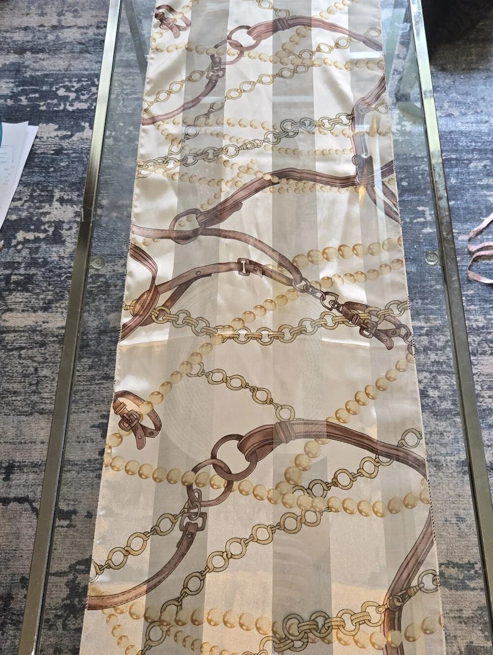 Vintage Equestrian Chain Print Long Scarf Belt Pearl Motif Sheer Shadow Stripe